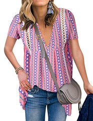 V Neck Hollow Out Floral Print Shirt Tops Long Blouse Tee