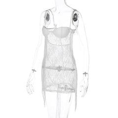 Tassels Low Cut See Through Lace Solid Backless Cami Mini Dress