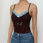 Ruffle Beaded Lace Hem V Neck Mesh Contrast Cami Top