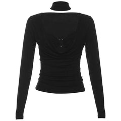 Cowl Neck Solid Long Sleeve Ruched Choker 2 Piece Cami Top
