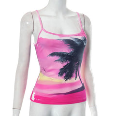 Beach Print U Neck Backless Contrast Cami Top