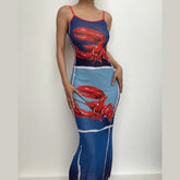 Sheer Mesh Lobster See Through Contrast Print Ruffle Cami Midi Dress