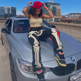 Women Skeleton Printed Jeans Trousers Casual Halloween Pattern Mid-Waist Button Pencil Pants Autumn Y2K Gothic Fashion Bottoms