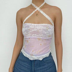 Sheer Mesh Lace Self Tie Front Floral Print Tube Top