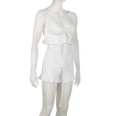 Drawstring Ruffle Solid Self Tie V Neck Cami Pant Set