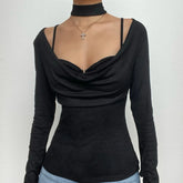 Cowl Neck Solid Long Sleeve Ruched Choker 2 Piece Cami Top