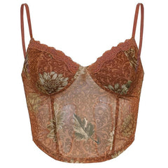 Sheer Mesh Hem Lace Print V Neck Crop Cami Top