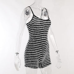 Contrast Striped Fluffy Backless Cami Romper