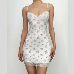 Lace Hem Flower Print Backless Contrast Cami Mini Dress