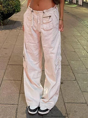 Women Spring Fashion Multi Pockets White Cargo Pants Women Adjustable Low Waist Baggy Wide Leg Jeans Oversized Casual Trousers Retro Bottoms Iamhotty