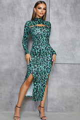 Hollow Leopard Print Thin Body-Fitting Long Bandage Dress