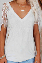 Cityhottie New Women'S Lace Short Sleeve V-Neck Tops