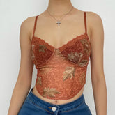Sheer Mesh Hem Lace Print V Neck Crop Cami Top