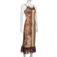 Abstract Ruffle Contrast Ruched Cami Maxi Dress - Final Sale