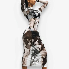 Retro Print Mesh Long Slim Dress