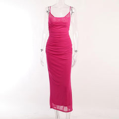 Mesh Ruched Slit Square Neck Solid Backless Cami Midi Dress