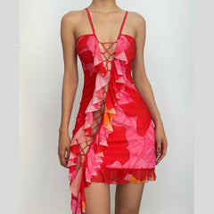 Lace Up Ruffle Hollow Out Backless Cami Mini Dress