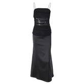 Mesh Patchwork Zip-Up Solid Backless Ruched Cami Midi Dress