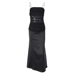 Mesh Patchwork Zip-Up Solid Backless Ruched Cami Midi Dress