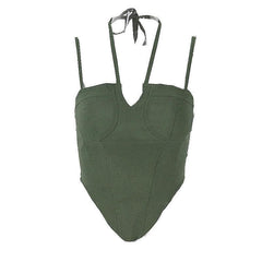 Solid Halter Notch Neck Self Tie Backless Cami Crop Top