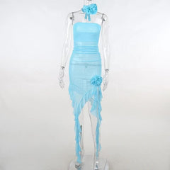 Solid Slit Sheer Mesh See Through Flower Applique Mini Dress