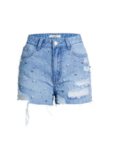 High Waist Pearl Beaded Denim Shorts