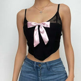 Bowknot Lace Patchwork U Neck Backless Cami Crop Top
