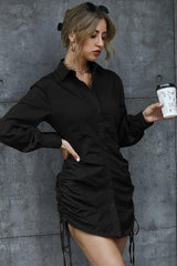 Shirt Dress V-Neck Side Pleated Lace-Up Dress