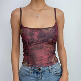Sheer Mesh See Through Contrast Print Square Neck Cami Crop Top
