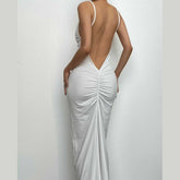 Solid V Neck Ruched Backless Cami Maxi Dress