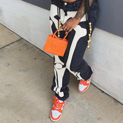 Women Skeleton Printed Jeans Trousers Casual Halloween Pattern Mid-Waist Button Pencil Pants Autumn Y2K Gothic Fashion Bottoms