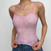 Sheer Mesh See Through Beaded U Neck Cami Crop Top - Final Sale