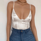 Low Cut Satin Solid Cami Crop Top