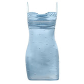 Sleeveless Solid Backless Cowl Neck Beaded Cami Dress