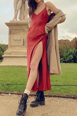 Fashion Casual Solid Split Joint Slit V Neck A Line Dresses (Without Belt)���5 Colors���