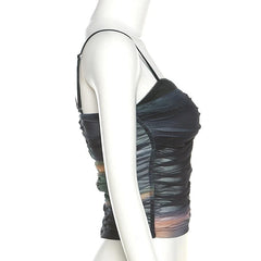 Mesh Contrast Ruched V Neck Backless Cami Top