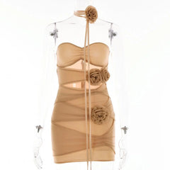 Sheer Mesh Hollow Out Flower Applique Zip-Up Solid Tube Mini Dress