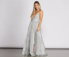 Janica Plunging Stylish Glitter A-Line Dress
