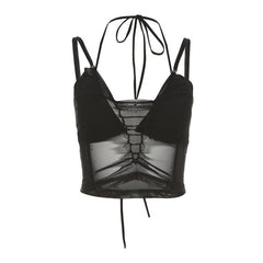 Mesh Solid Hollow Out Halter Self Tie Backless 2 Piece Cami Crop Top