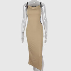 Ribbed Contrast Hollow Out Self Tie Backless Slit Cami Midi Dress