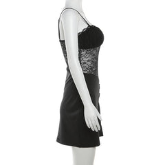 Lace Patchwork Buckle Ruched Square Neck Slit Cami Mini Dress