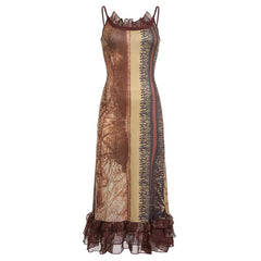 Abstract Ruffle Contrast Ruched Cami Maxi Dress - Final Sale