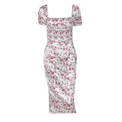 Satin Flower Pattern Print Zip-Up Ruched Square Neck Short Sleeve Midi Dress