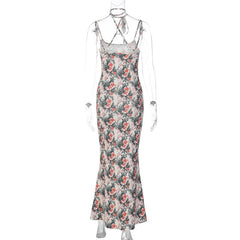 Flower Print Contrast Halter Cross Back Cami Maxi Dress
