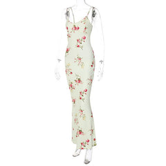 Contrast U Neck Backless Flower Print Maxi Dress