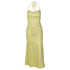 Flower Pattern Halter Cowl Neck Slit Self Tie Backless Midi Dress