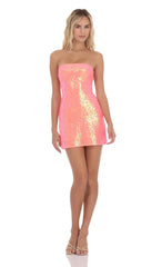 Duo Chrome Sequin Strapless Dress in Neon Orange