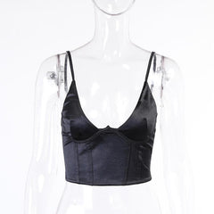 Low Cut Satin Solid Cami Crop Top