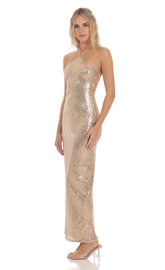 Sequin Halter Maxi Dress in Gold