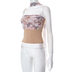 Flower Print Patchwork Contrast Ruched Backless Tube Top